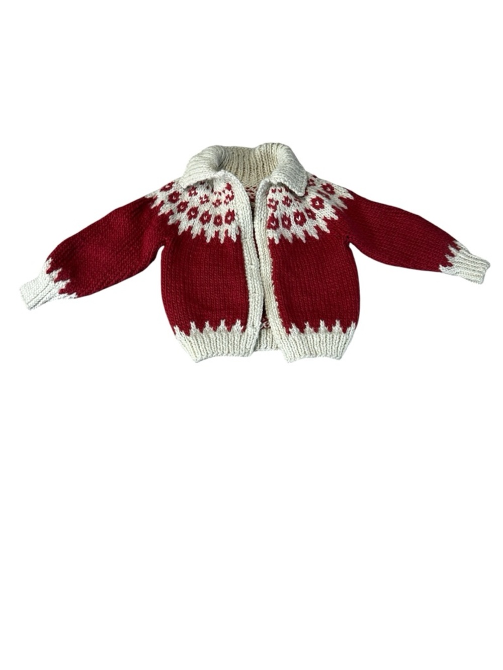 Hand Knit Wool Cardigan Sweater Coral Red White Nordic Fair Isle Kids 4-6 Y2K